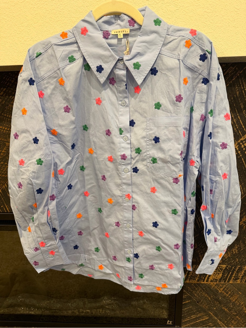 JODIFL Light Blue Button-Down Shirt with Multicolor Floral Embroidery